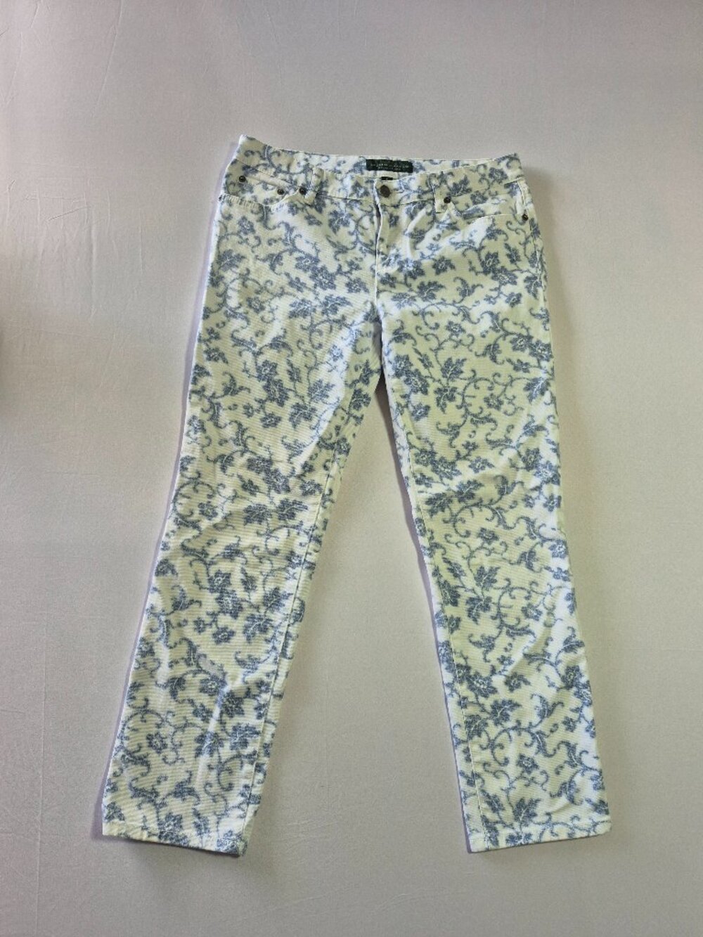 Lauren Ralph Lauren Women's Floral Modern Straight Ankle Jeans Blue White Size 8